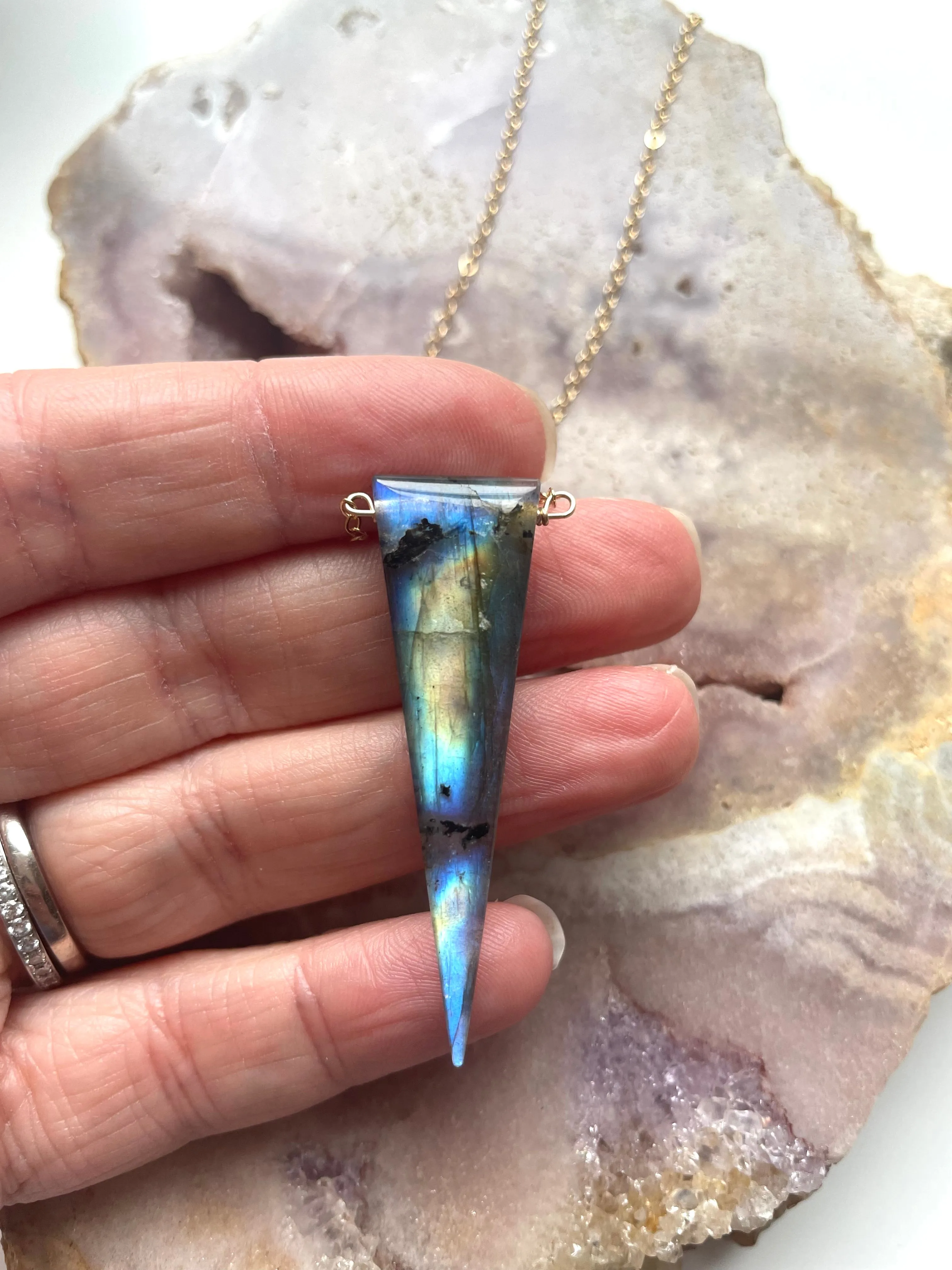 Labradorite dagger point Necklace16” Gold Filled