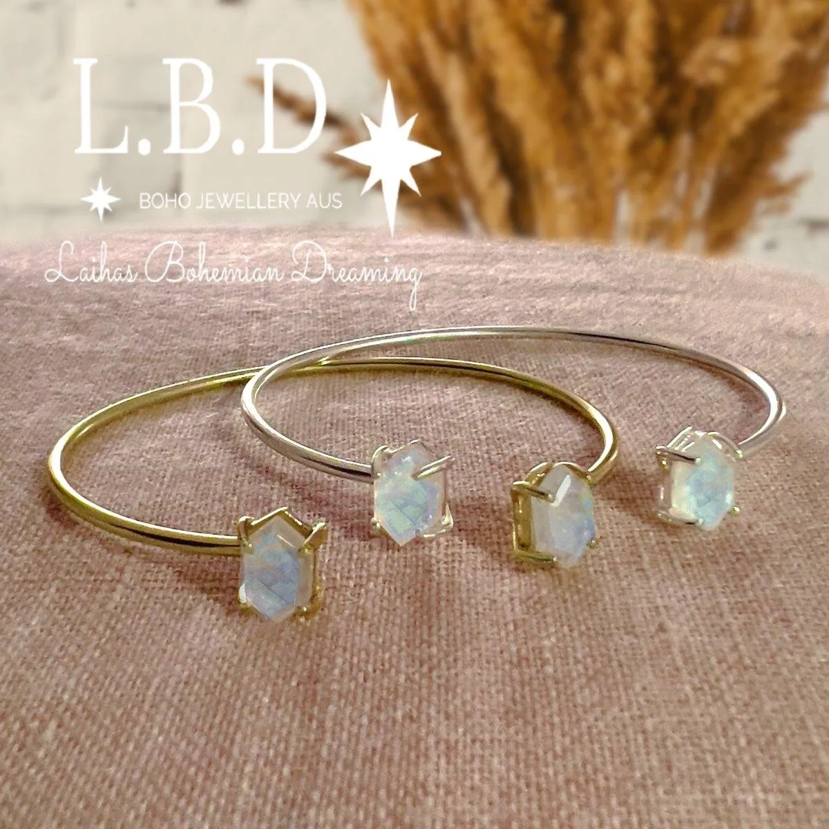 Laihas Miraculous Hexagon Gold Moonstone Cuff Bangle