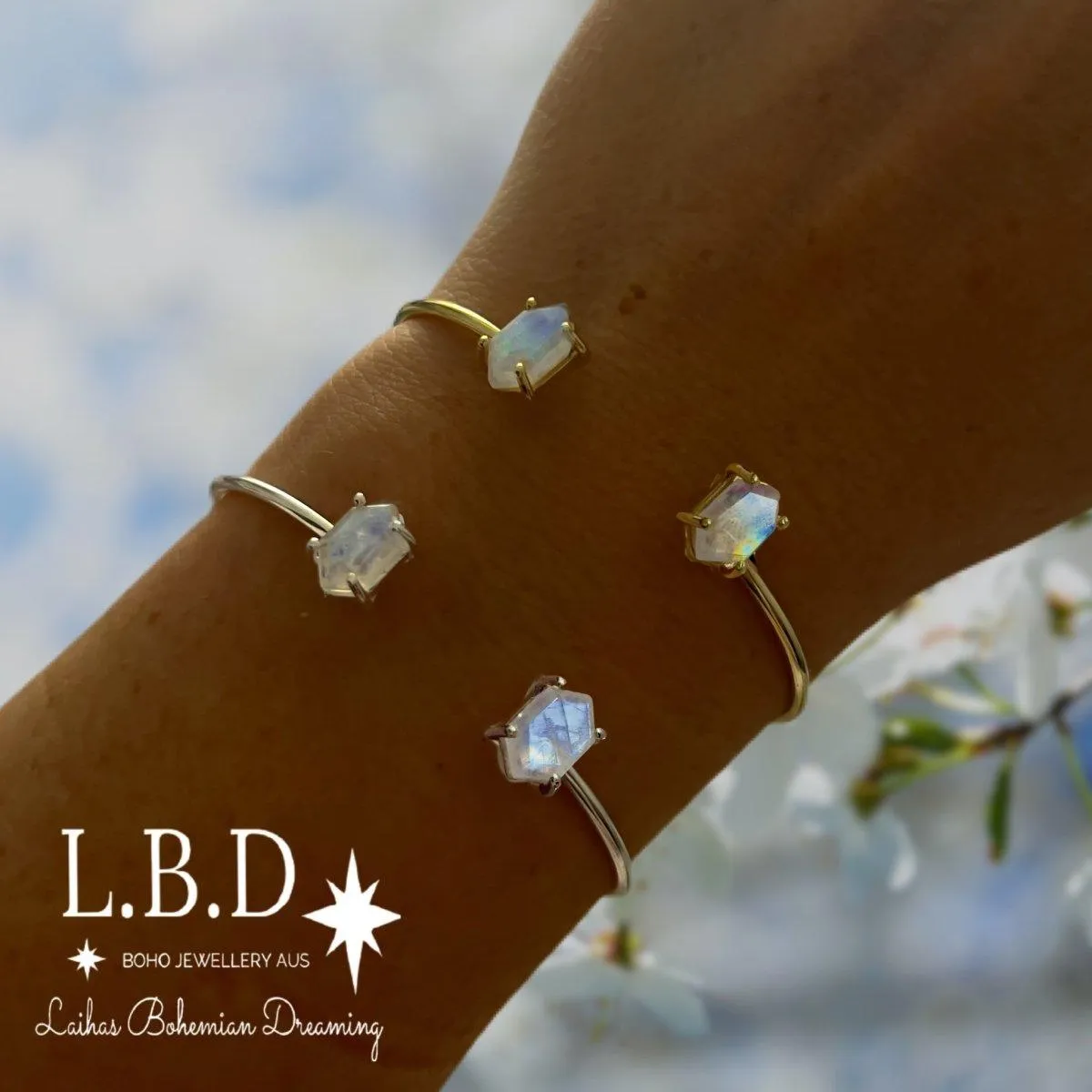 Laihas Miraculous Hexagon Gold Moonstone Cuff Bangle