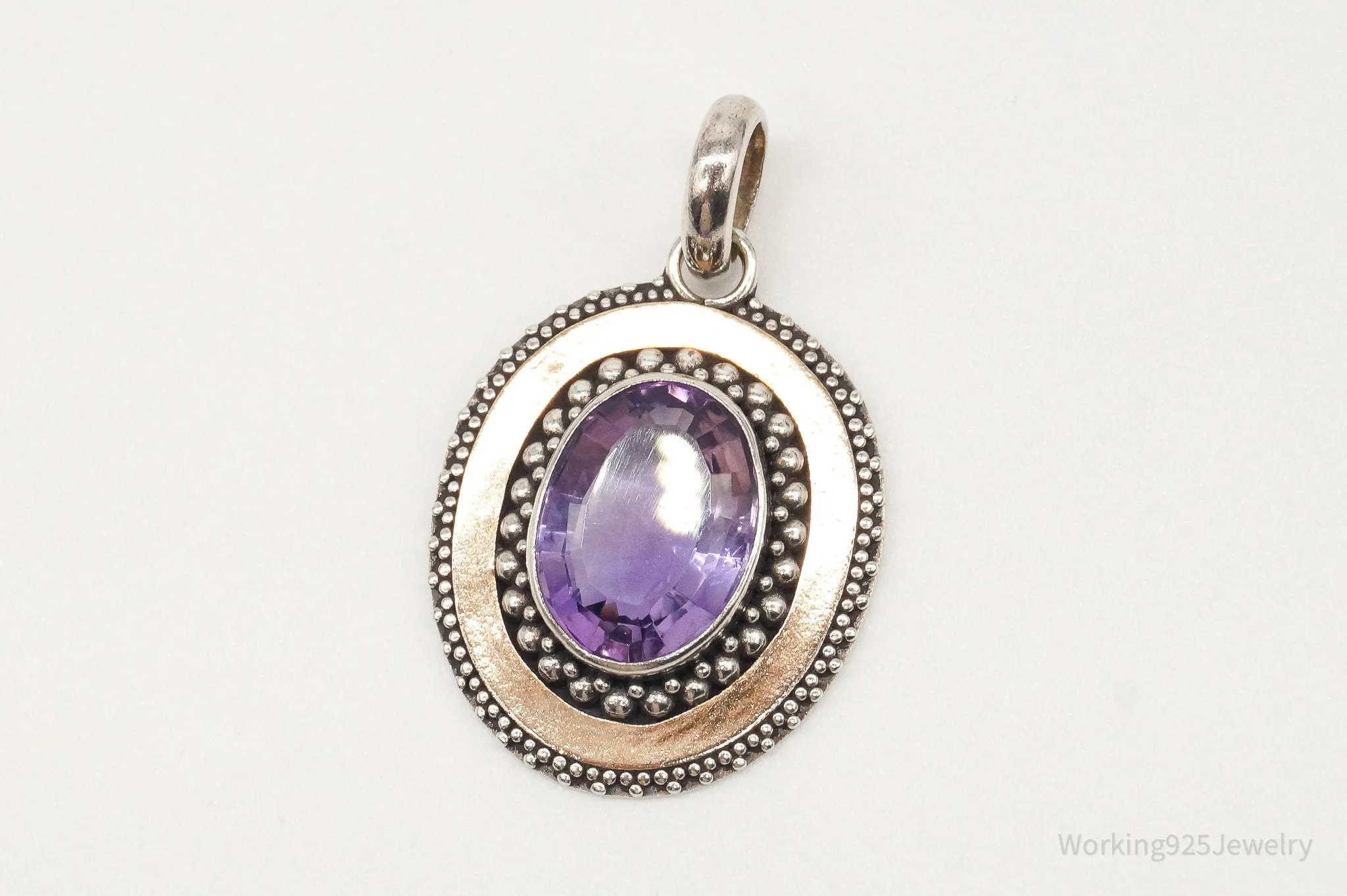 Large Vintage Amethyst Two Tone Sterling Silver Pendant