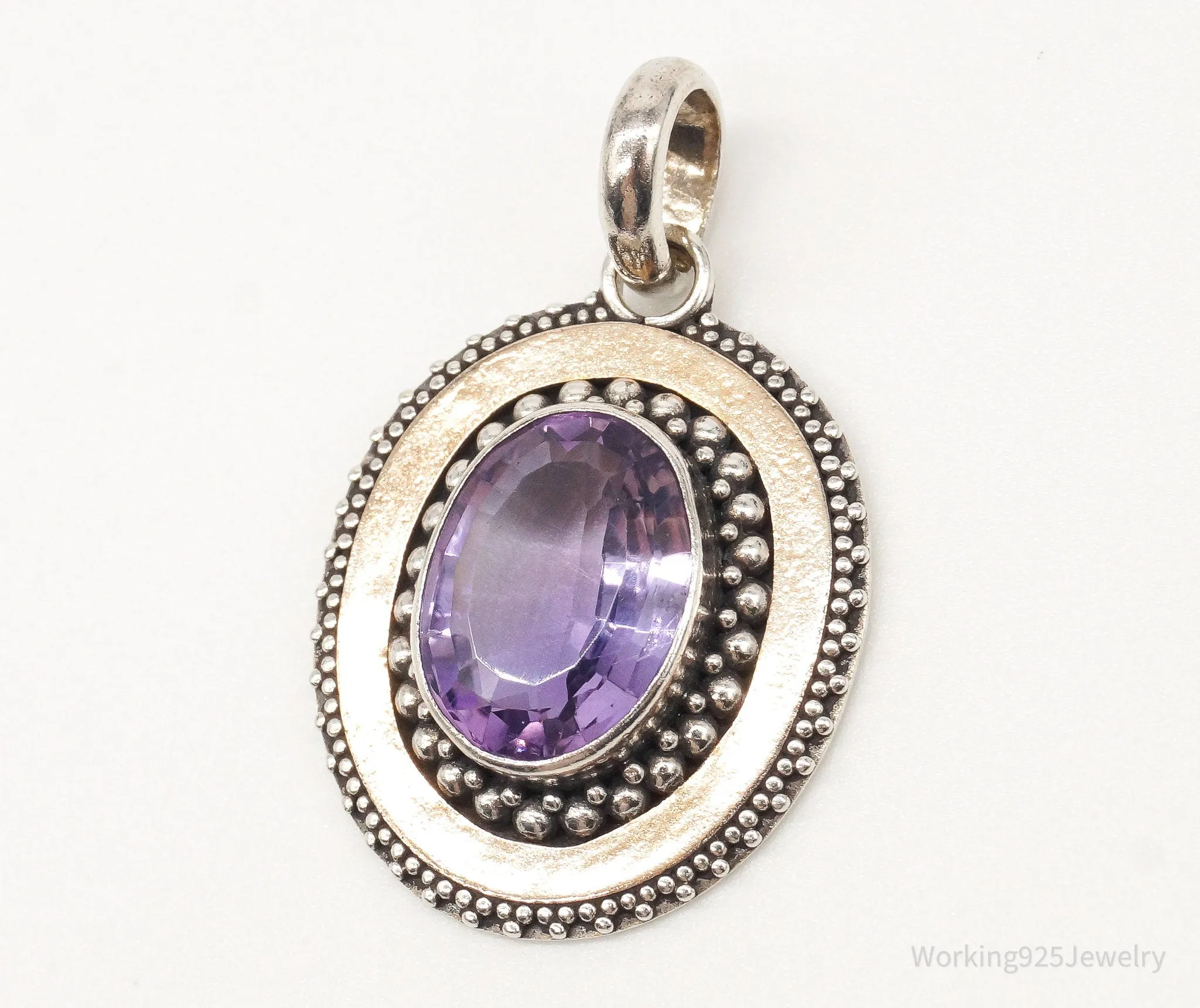 Large Vintage Amethyst Two Tone Sterling Silver Pendant