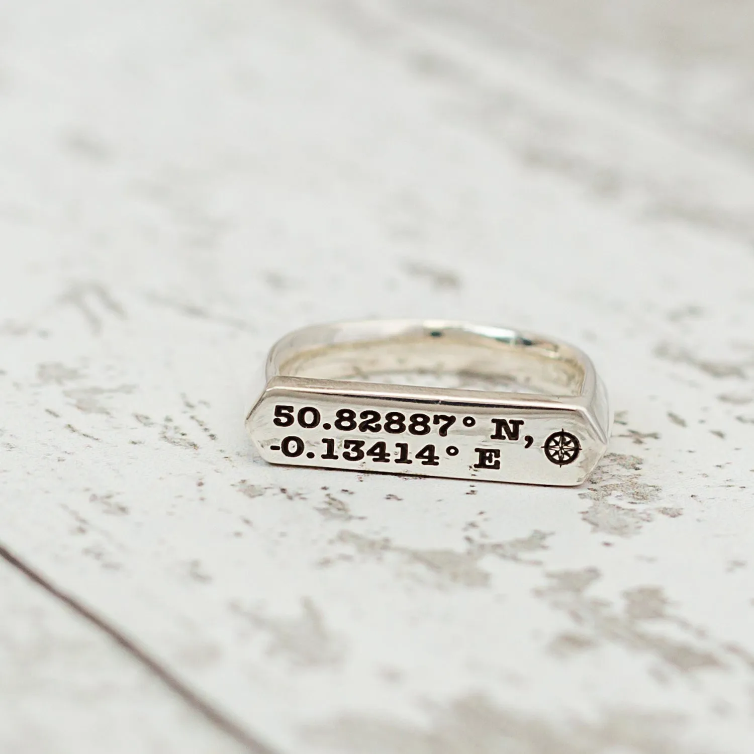 Latitude Longitude Coordinates Bar Silver Signet Ring