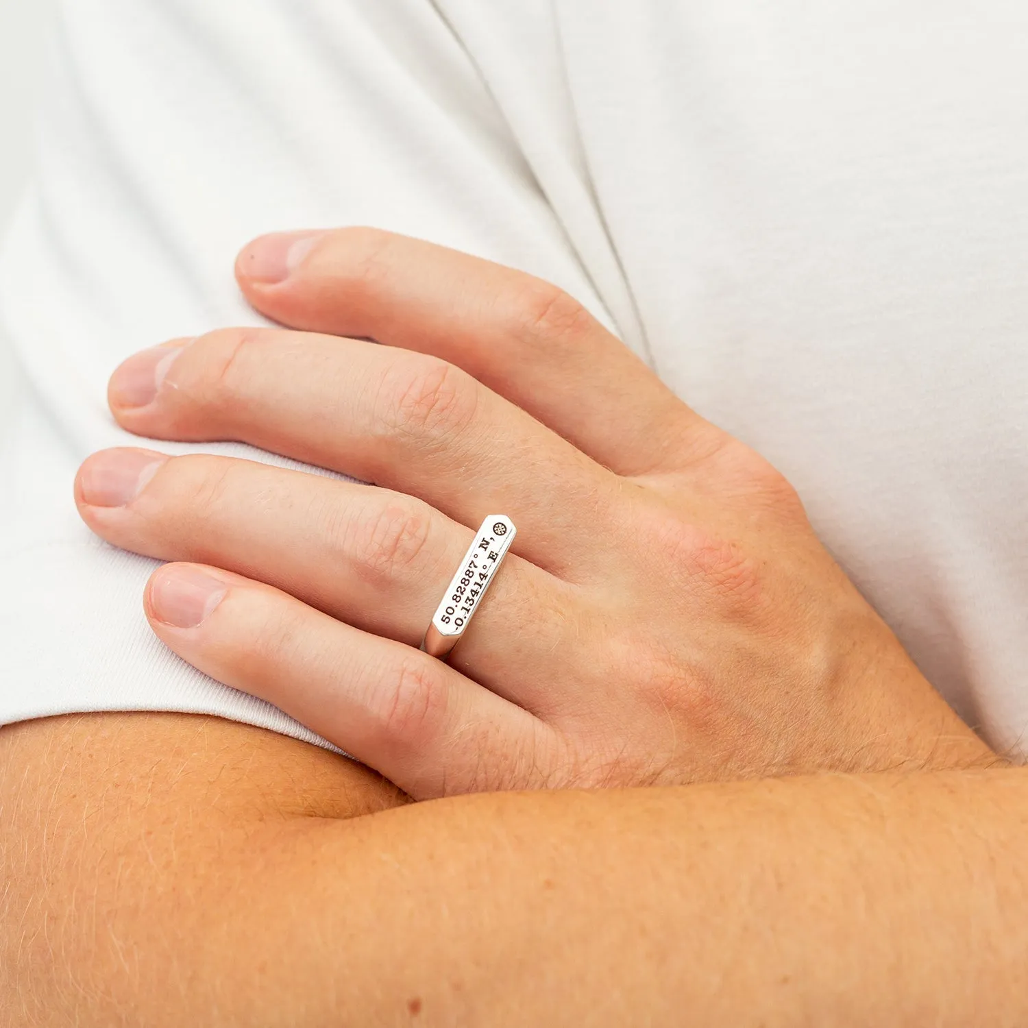 Latitude Longitude Coordinates Bar Silver Signet Ring