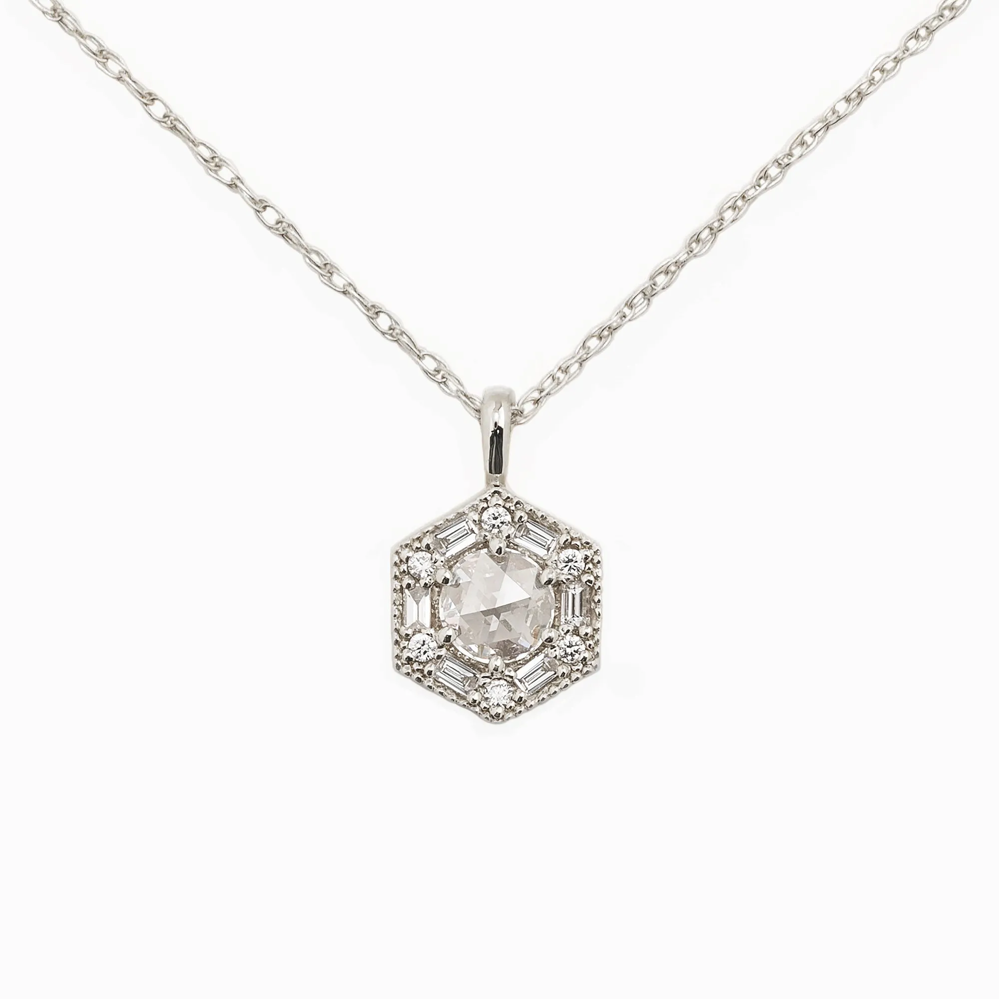 Lila Hexagon Necklace - 5mm Rosecut Diamond Necklace, 14k yellow gold (One of a kind)