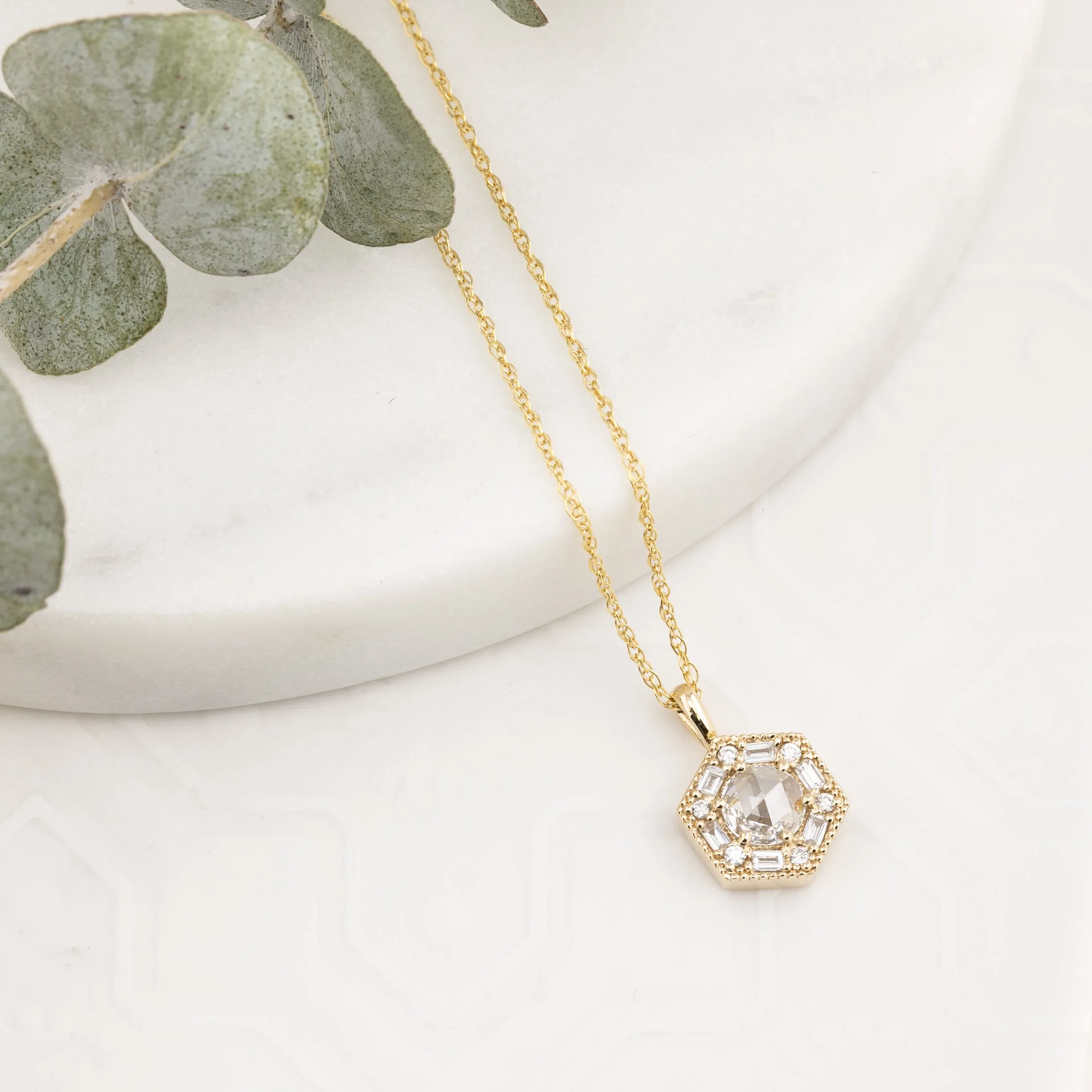 Lila Hexagon Necklace - 5mm Rosecut Diamond Necklace, 14k yellow gold (One of a kind)