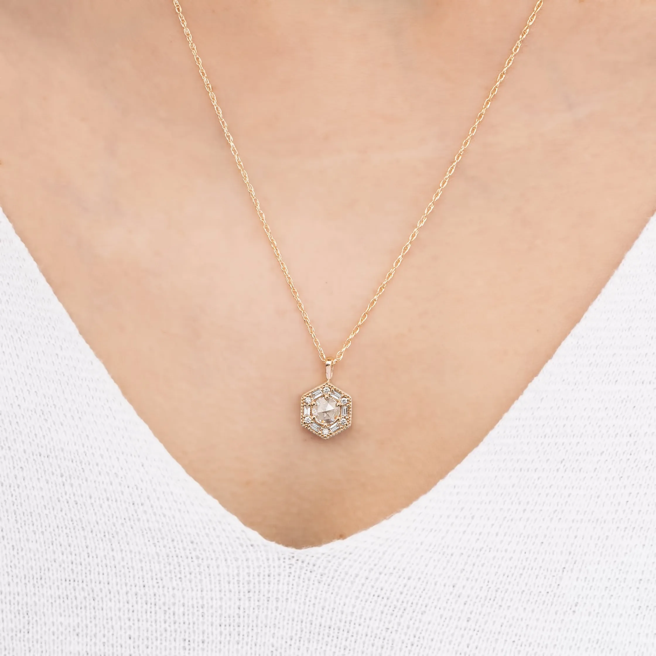 Lila Hexagon Necklace - 5mm Rosecut Diamond Necklace, 14k yellow gold (One of a kind)