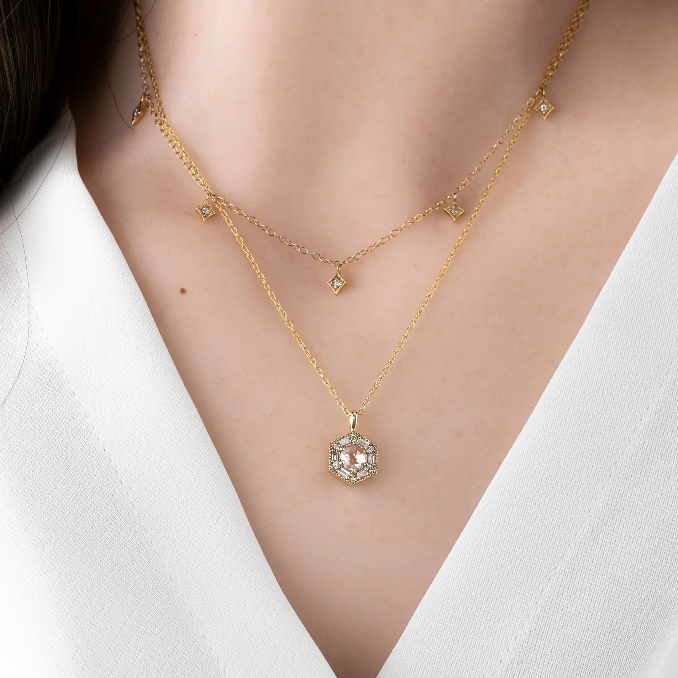 Lila Hexagon Necklace - 5mm Rosecut Diamond Necklace, 14k yellow gold (One of a kind)