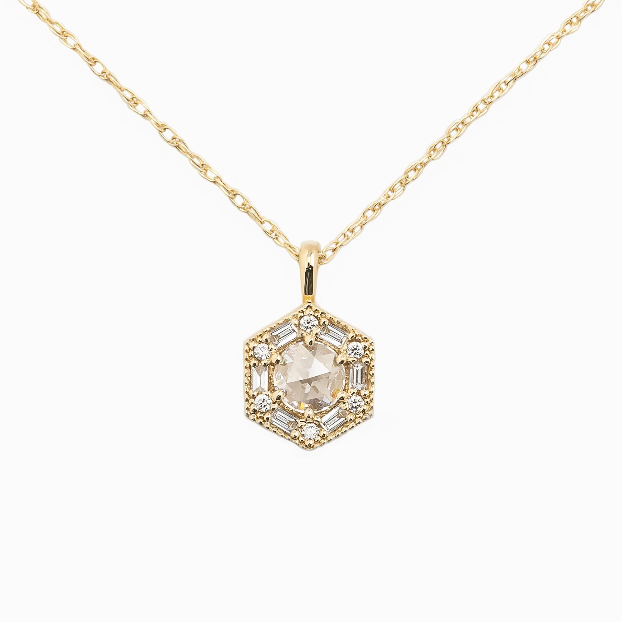 Lila Hexagon Necklace - 5mm Rosecut Diamond Necklace, 14k yellow gold (One of a kind)