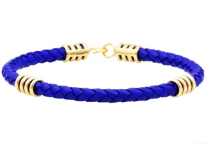 Mens Blue Leather Gold Stainless Steel Bracelet