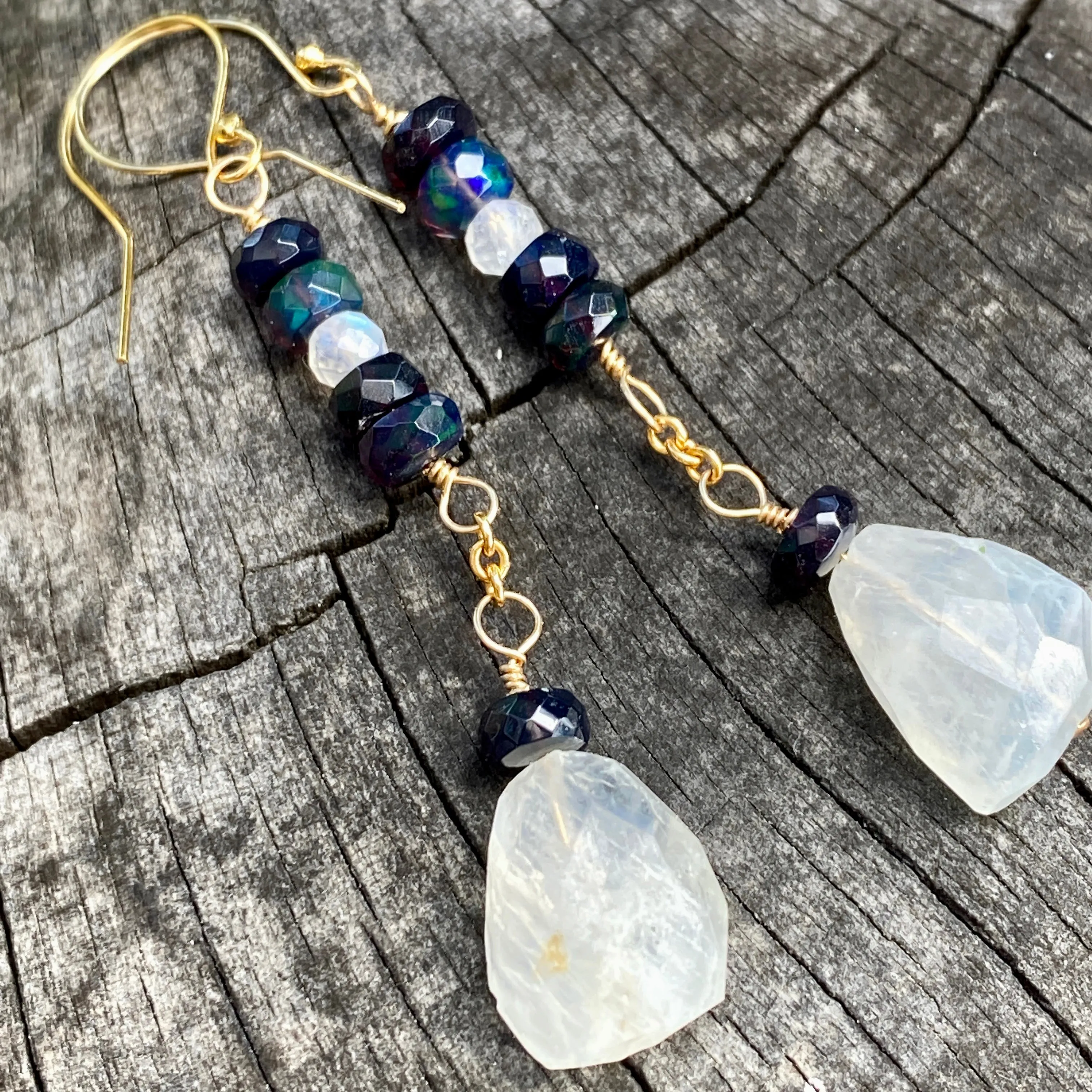 Moonstone & Black Welo Opal Mystic Earrings