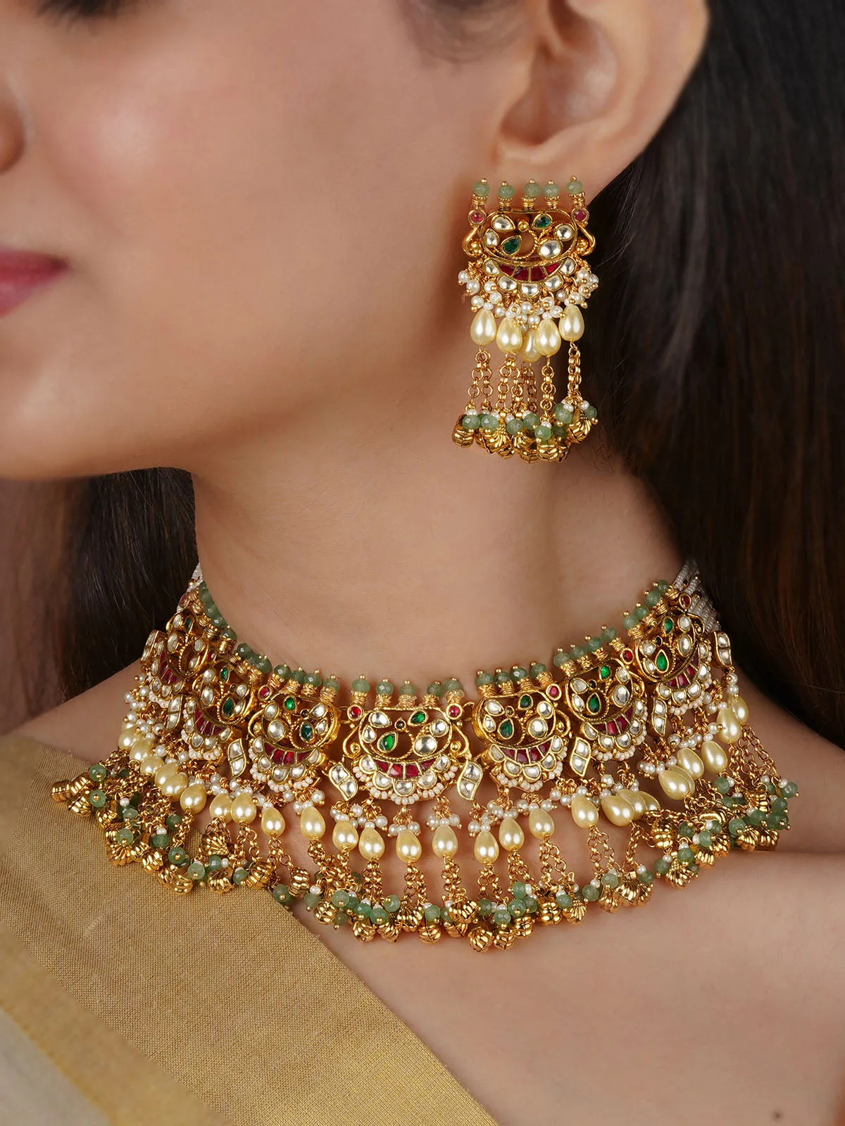 Multicolor Gold Plated Jadau Kundan Necklace Set - MS2352M