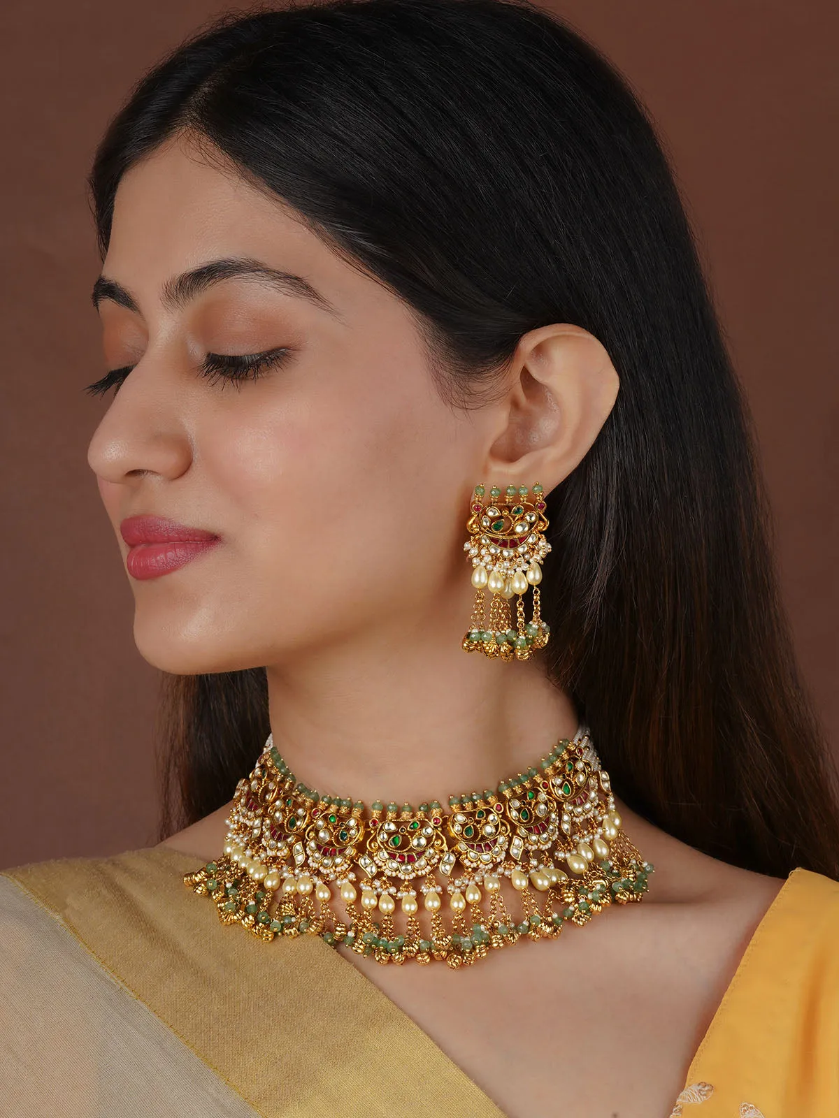 Multicolor Gold Plated Jadau Kundan Necklace Set - MS2352M