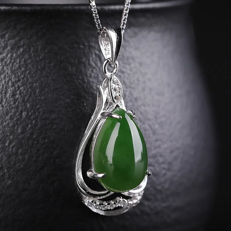 Natural Jade Pendant Nephrite Silver Zircon Pendant ZPT213