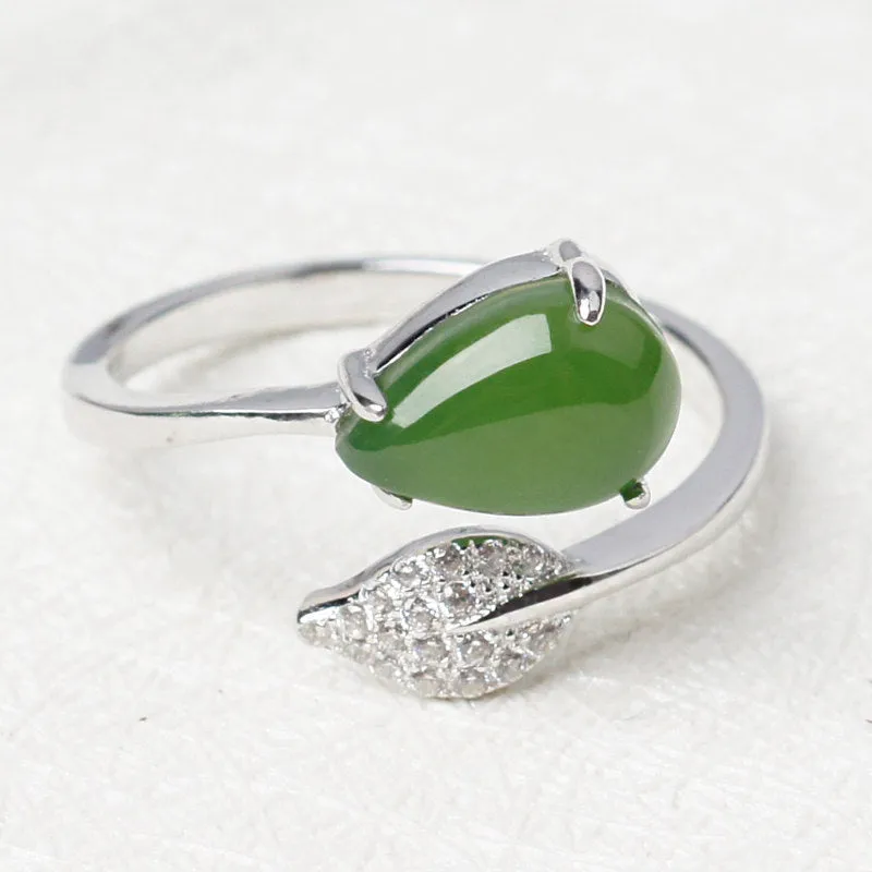 Natural Jade Ring Nephrite Silver Zircon Adjustable Ring ZNRG125