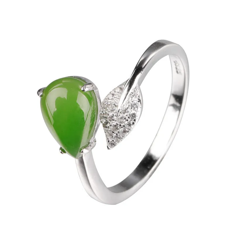 Natural Jade Ring Nephrite Silver Zircon Adjustable Ring ZNRG125