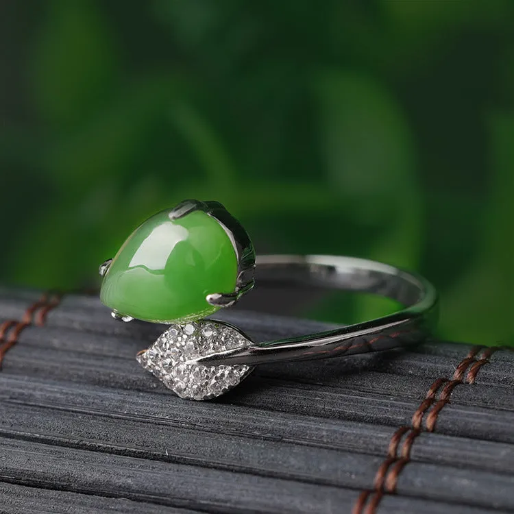 Natural Jade Ring Nephrite Silver Zircon Adjustable Ring ZNRG125