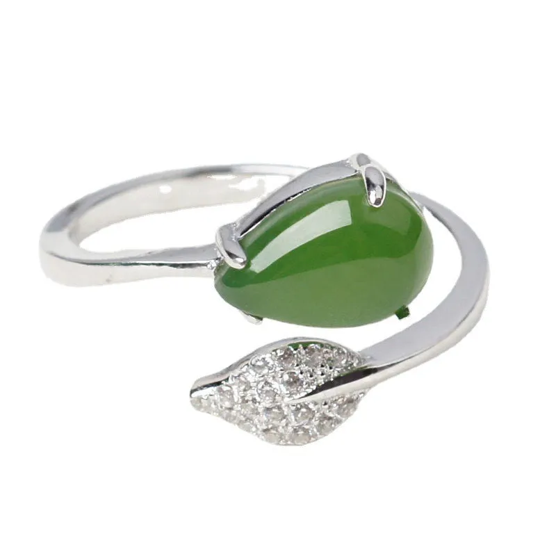 Natural Jade Ring Nephrite Silver Zircon Adjustable Ring ZNRG125