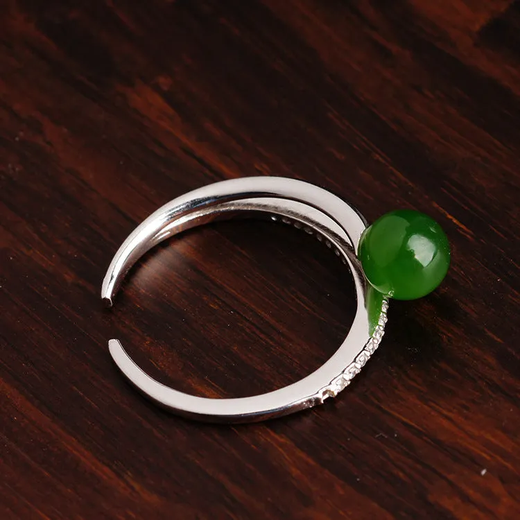 Natural Jade Ring Nephrite Silver Zircon Adjustable Ring ZNRG139