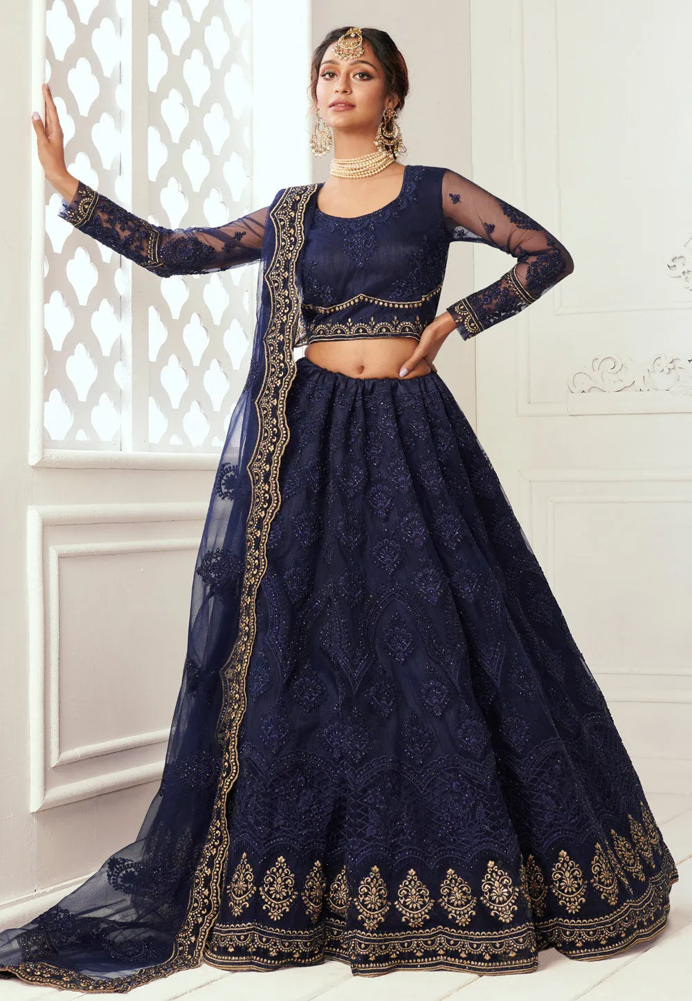 Navy Blue Golden Wedding Lehenga Choli