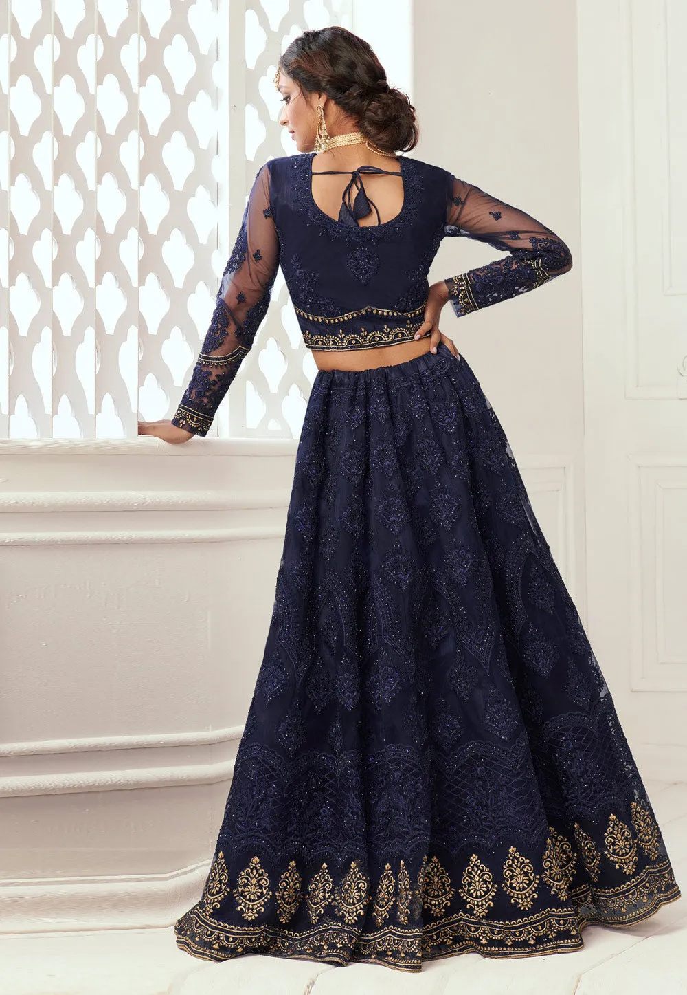 Navy Blue Golden Wedding Lehenga Choli