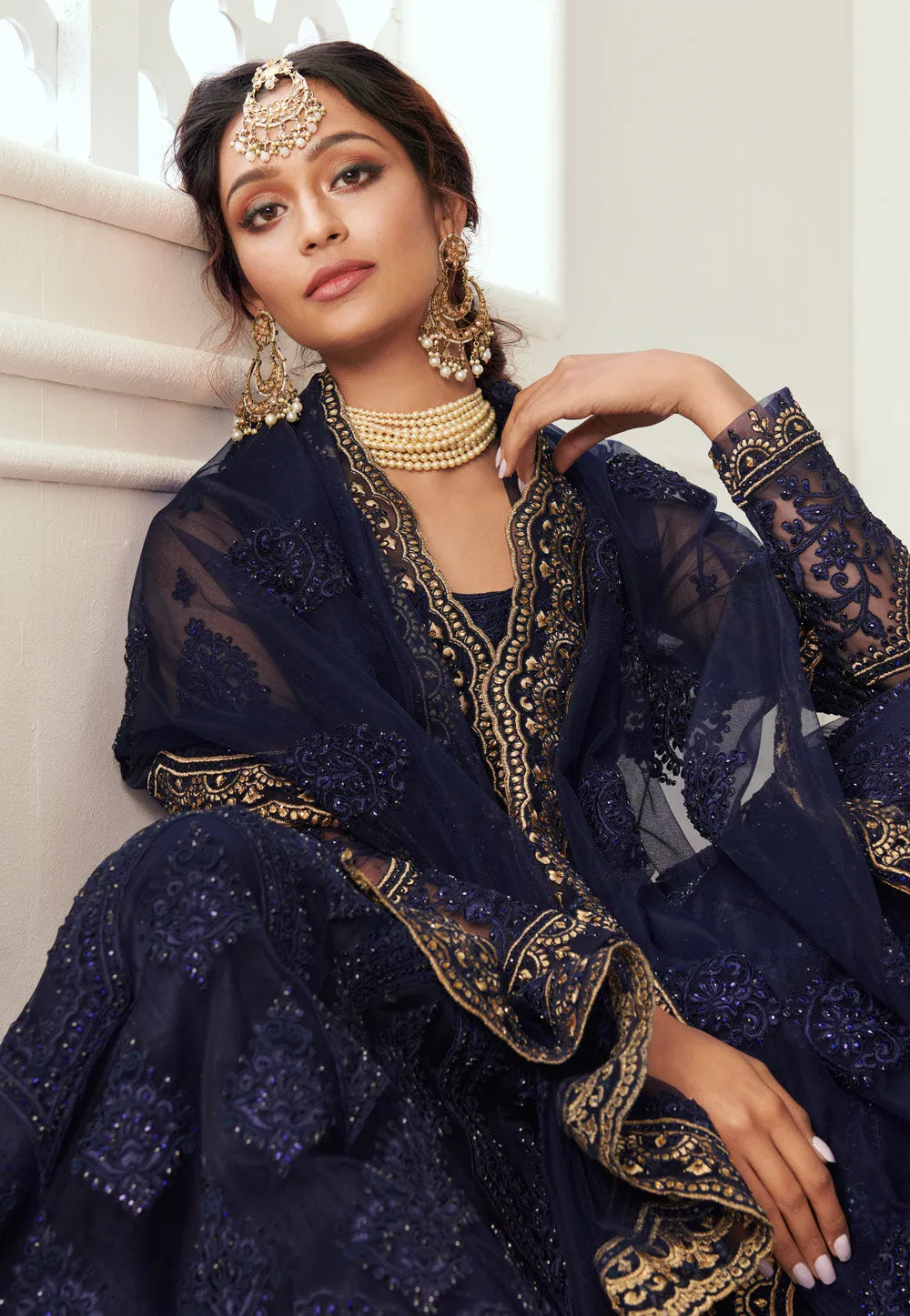 Navy Blue Golden Wedding Lehenga Choli