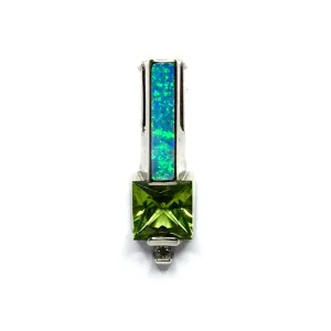 Opal Pendant Rectangle Inlaid Princess Cut Peridot and .03ct Diamond