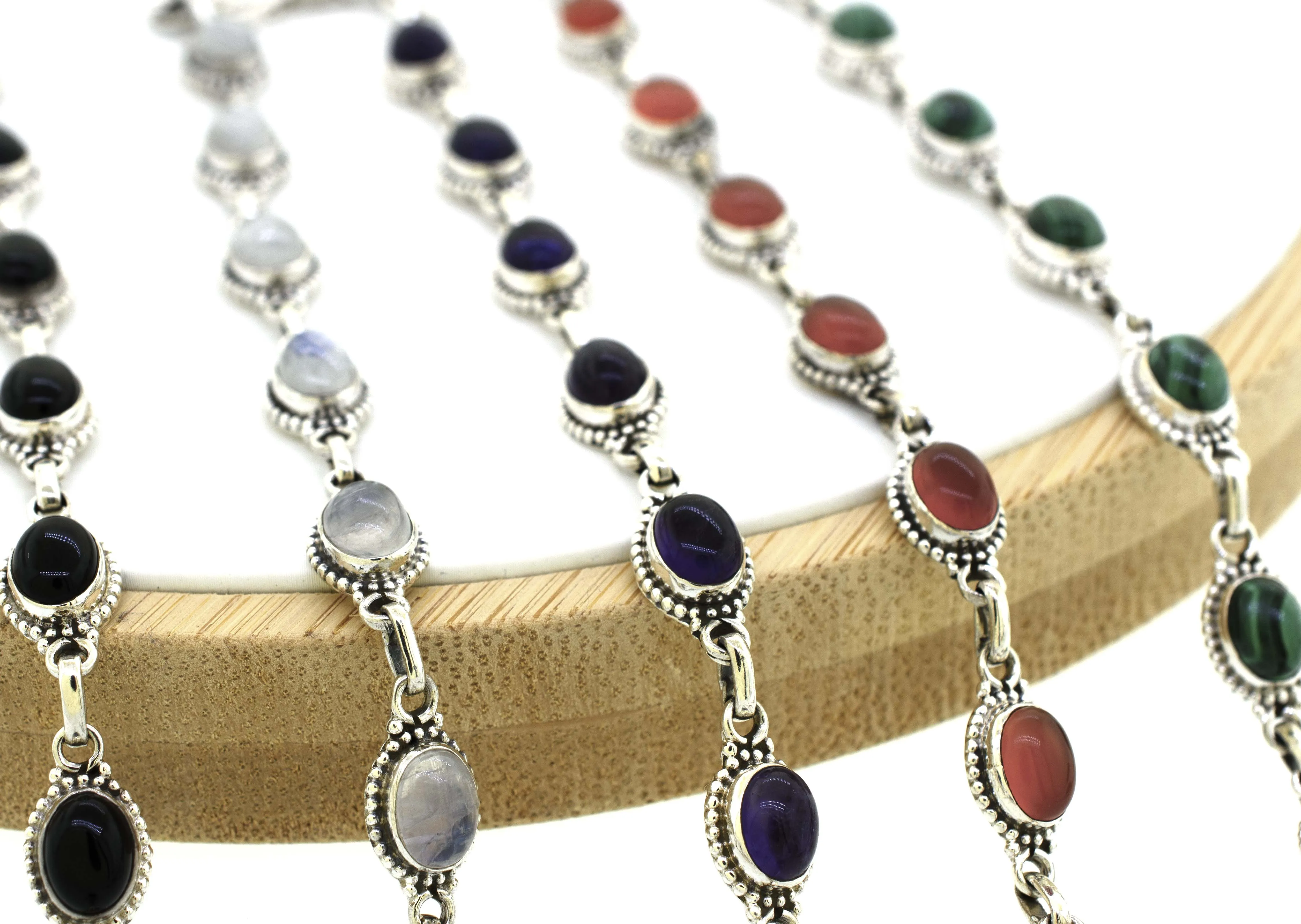 Oval Gemstone Bracelet With Ball Border