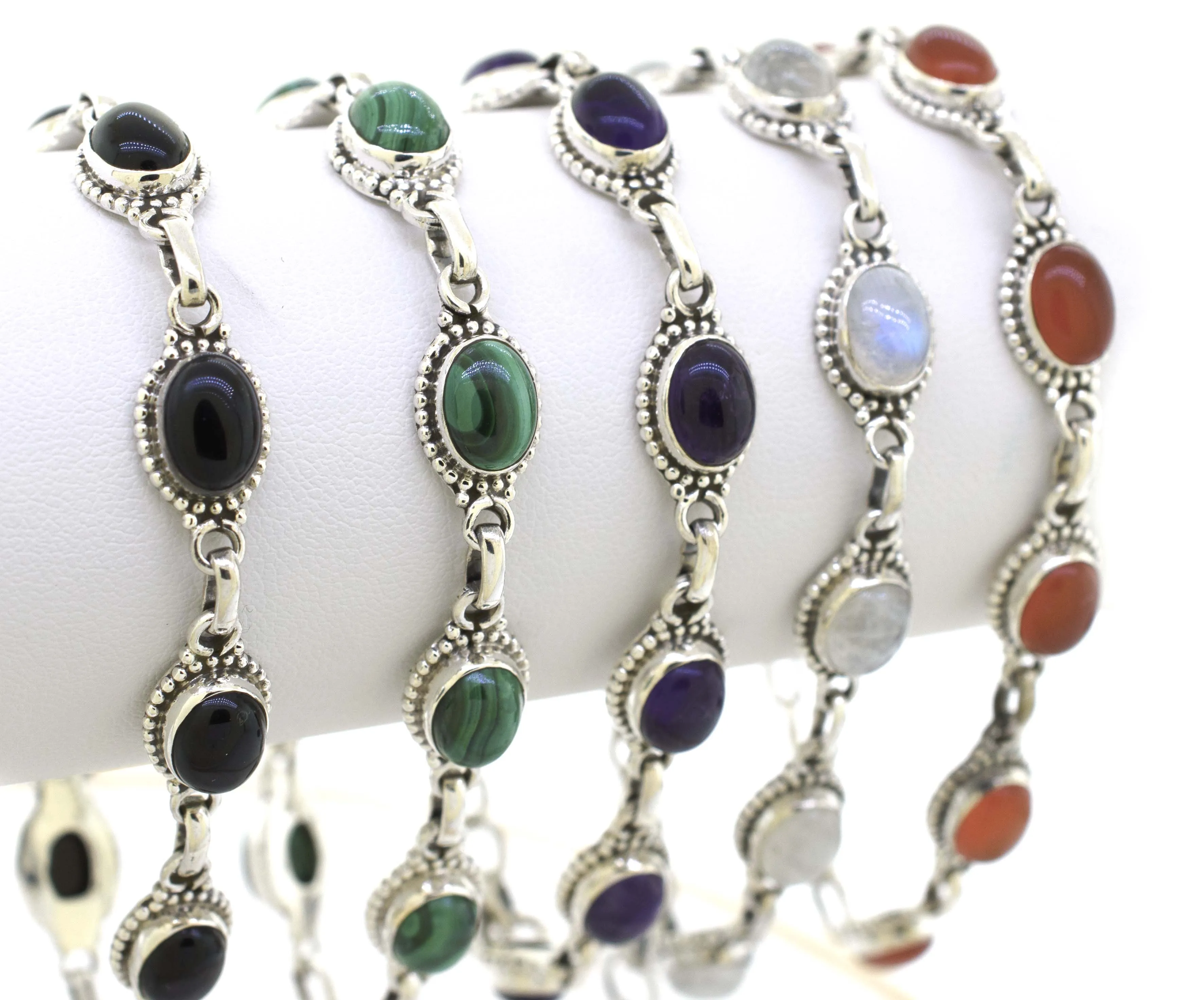 Oval Gemstone Bracelet With Ball Border