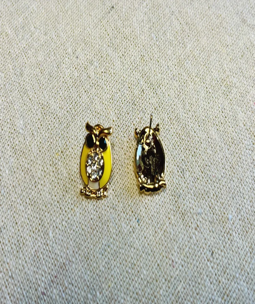 Owl Stud Earrings Yellow With Rhinestone