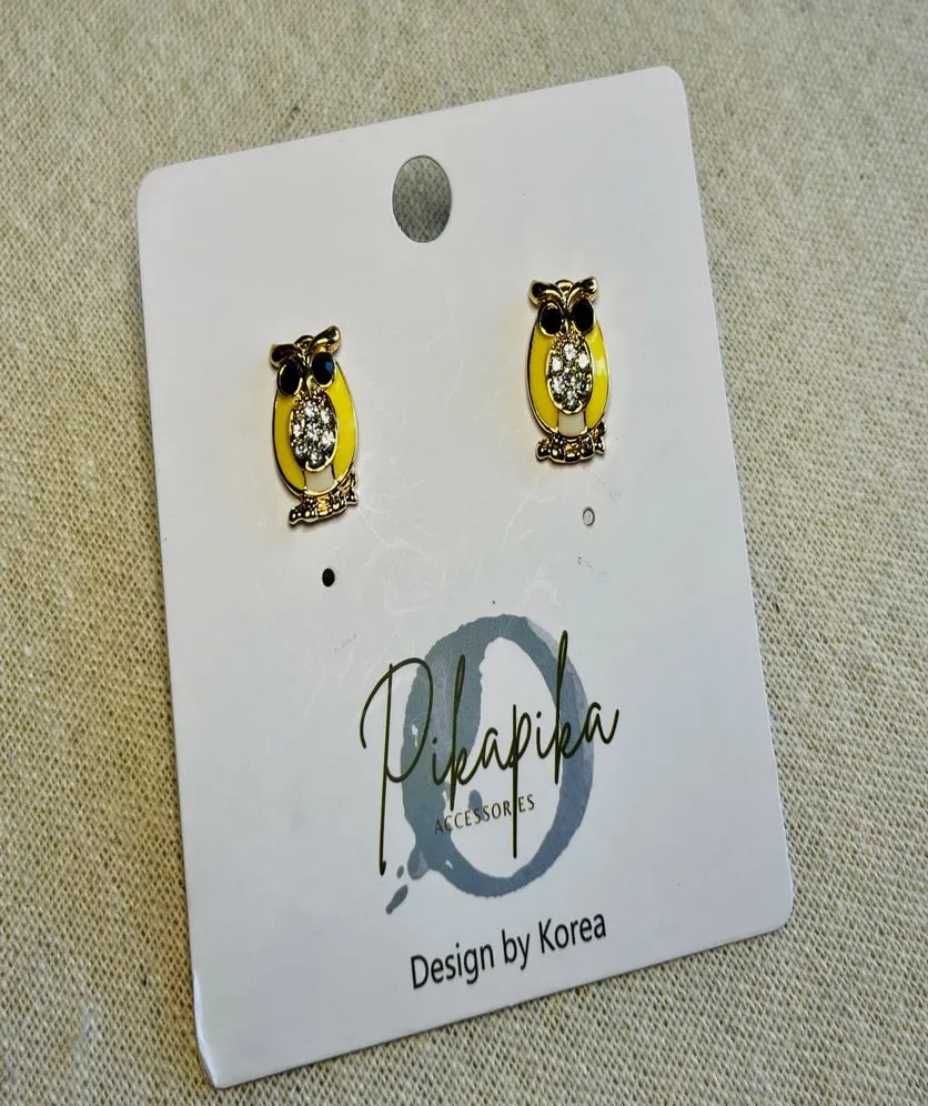 Owl Stud Earrings Yellow With Rhinestone