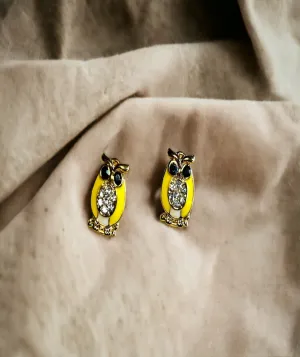 Owl Stud Earrings Yellow With Rhinestone