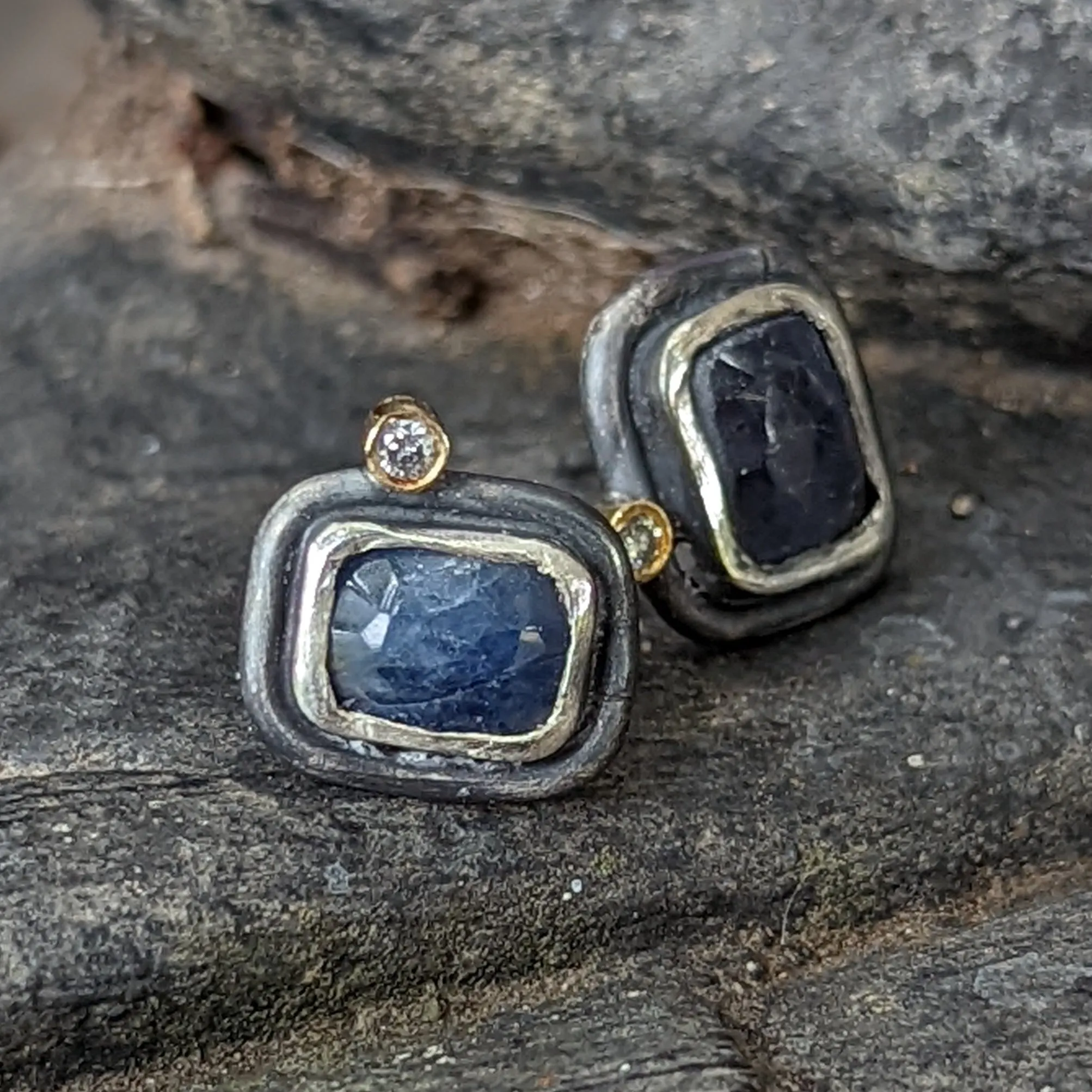 Oxidized Silver Sapphire with Diamond Accent Studs Earrings