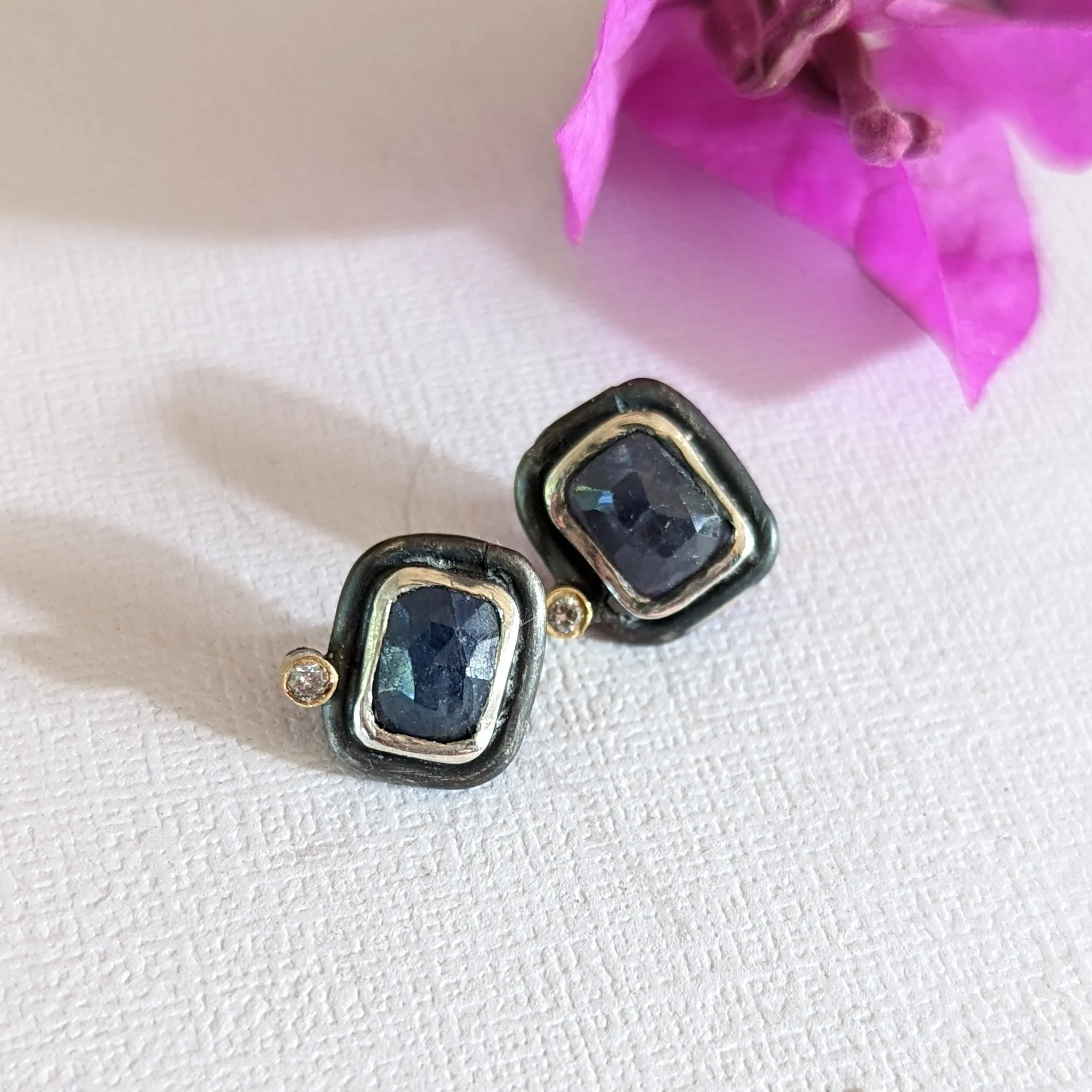 Oxidized Silver Sapphire with Diamond Accent Studs Earrings