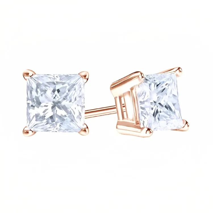 Paris Jewelry 18k Rose Gold 2 Pair Created White Sapphire 4mm Round & Princess Cut Stud Earrings Plated