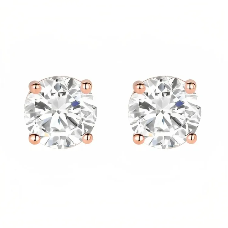 Paris Jewelry 18k Rose Gold 2 Pair Created White Sapphire 4mm Round & Princess Cut Stud Earrings Plated