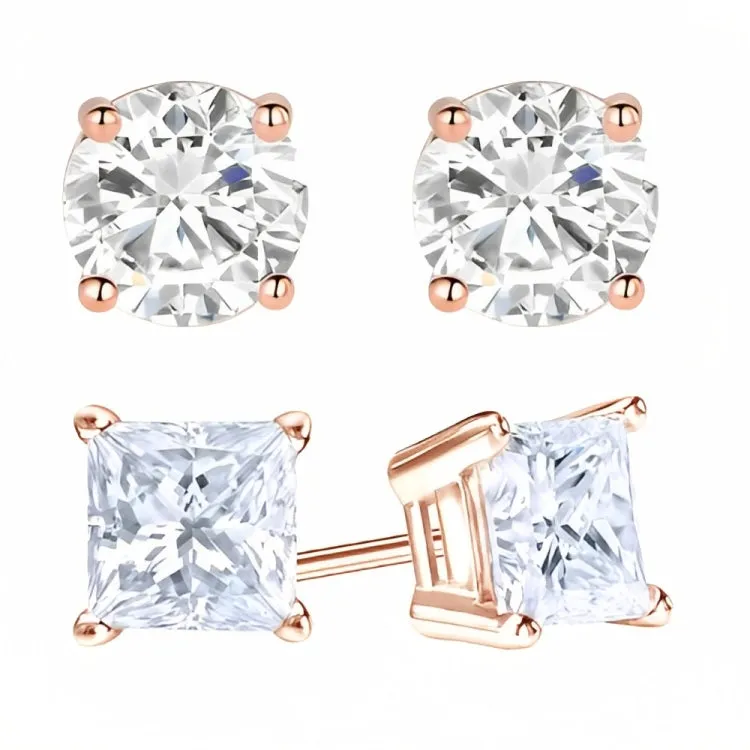 Paris Jewelry 18k Rose Gold 2 Pair Created White Sapphire 4mm Round & Princess Cut Stud Earrings Plated