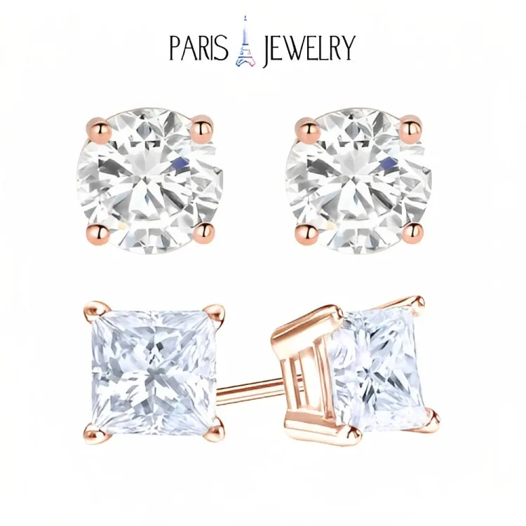 Paris Jewelry 18k Rose Gold 2 Pair Created White Sapphire 4mm Round & Princess Cut Stud Earrings Plated