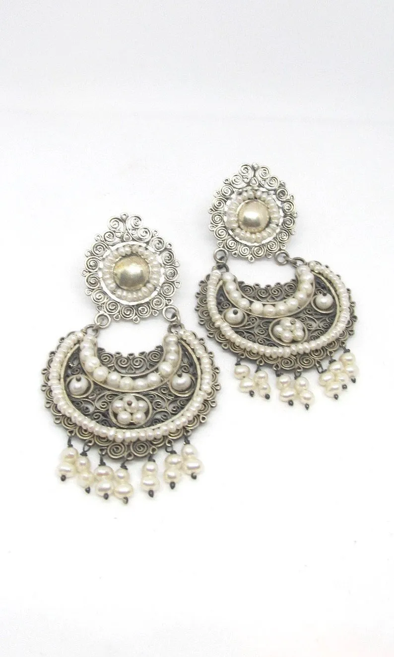 PEARL JAM Mexican Silver and Seed Pearl Large Chandelier Earrings