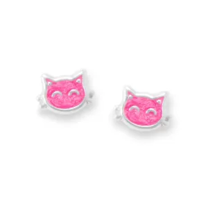 Pink Enamel Kitty Cat Face Stud Earrings