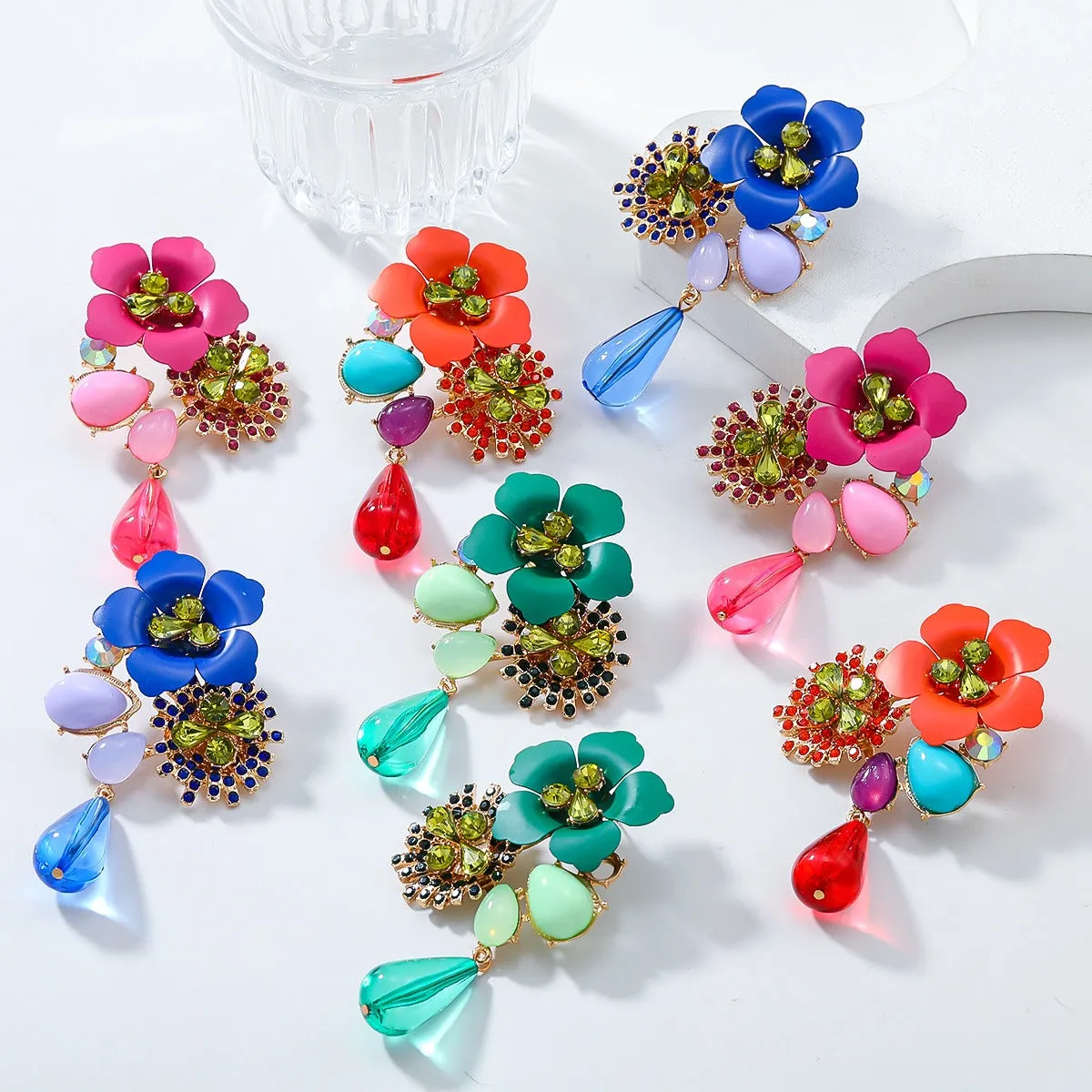 Pre Order:  Resin Flower Diamond Studded Retro Earrings