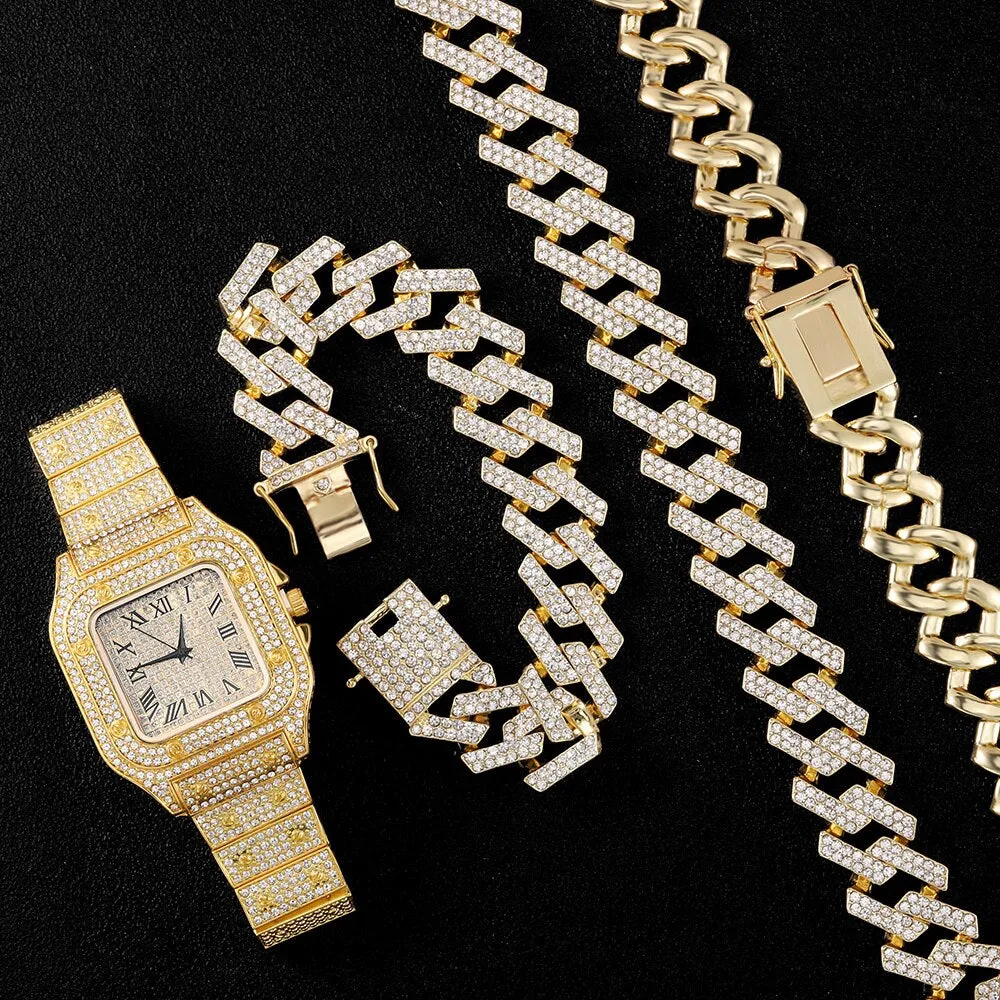 "Get Ready to Drop Some Serious Beats with the Hip Hop Bling Extravaganza: The Blindingly Shiny 20MM Necklace, Watch, and Bracelet Combo - Miami Curb Cuban Chain with Enough Rhinestones to Make Elton John Jealous!"