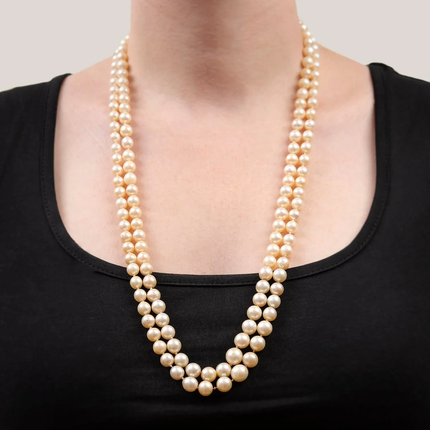 Retro Double Strand Pearl Necklace & 14k Diamond Clasp