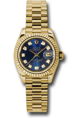 Rolex Yellow Gold Lady-Datejust 26 Watch - Fluted Bezel - Blue Diamond Dial - President Bracelet - 179178 bldp