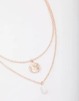 Rose Gold Disc & Pearl Layered Necklace