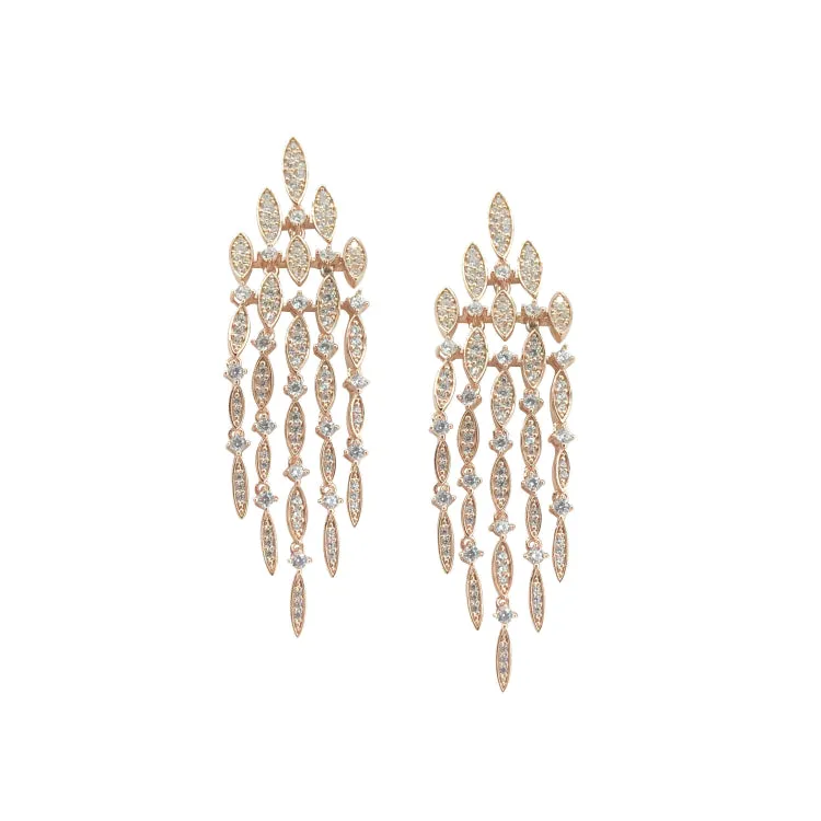 Rose Gold Finish Sterling Silver Microwave Large Chandelier Earrings with Simulated Diamonds