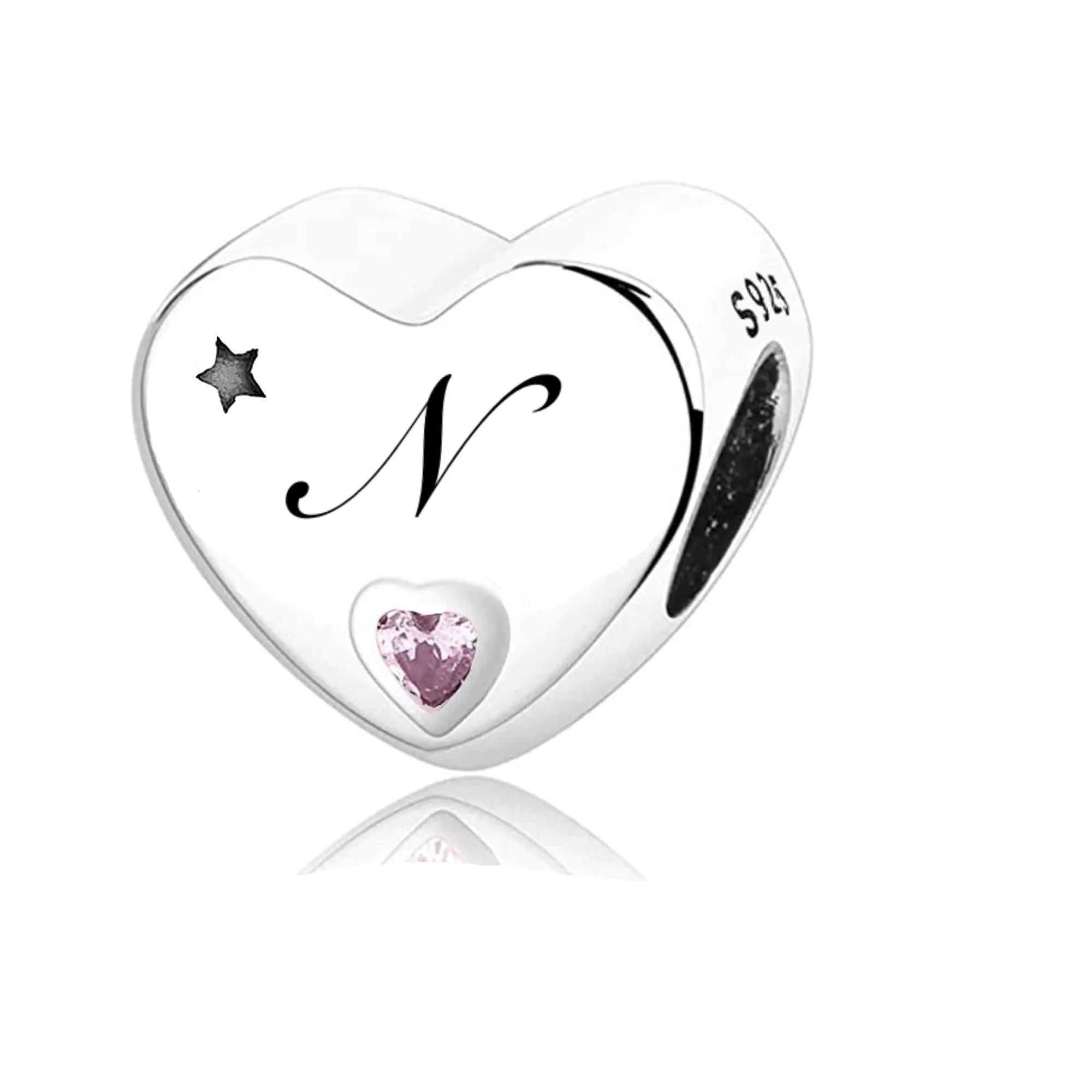 S925 Silver New Alphabet Initial Letter N Heart Charm For Bracelet and Necklace