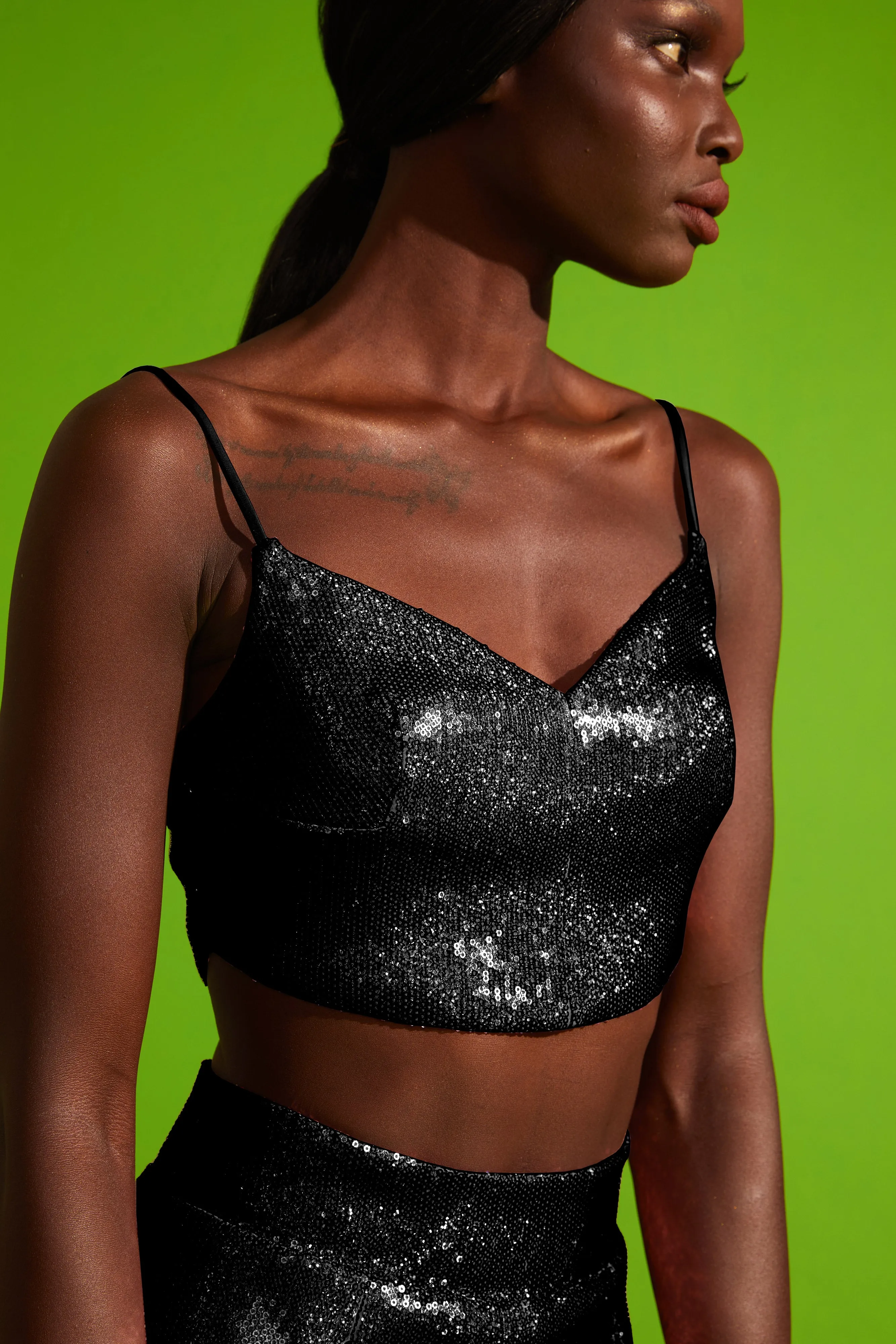 Sequined Crop Top with Fine Straps