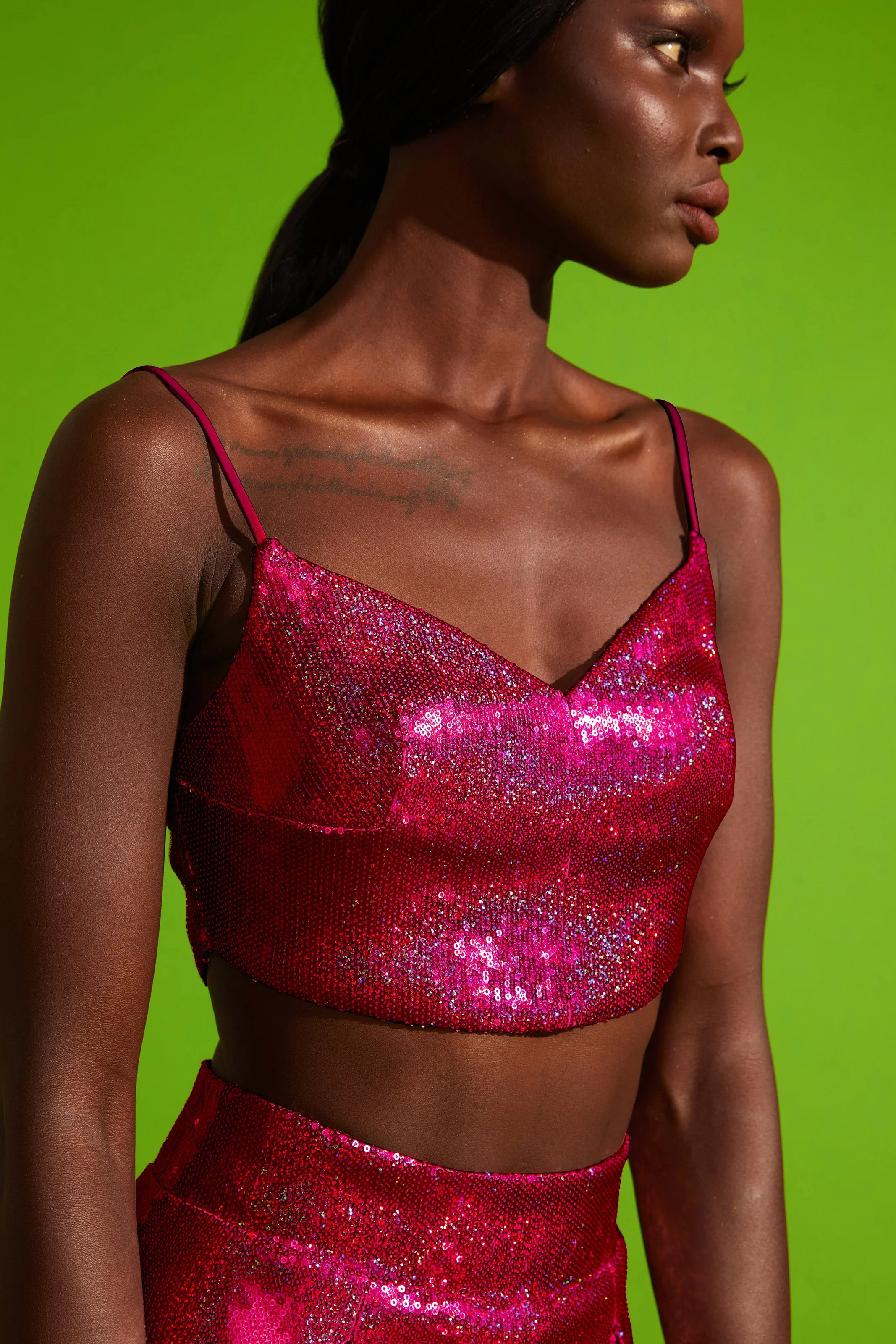 Sequined Crop Top with Fine Straps