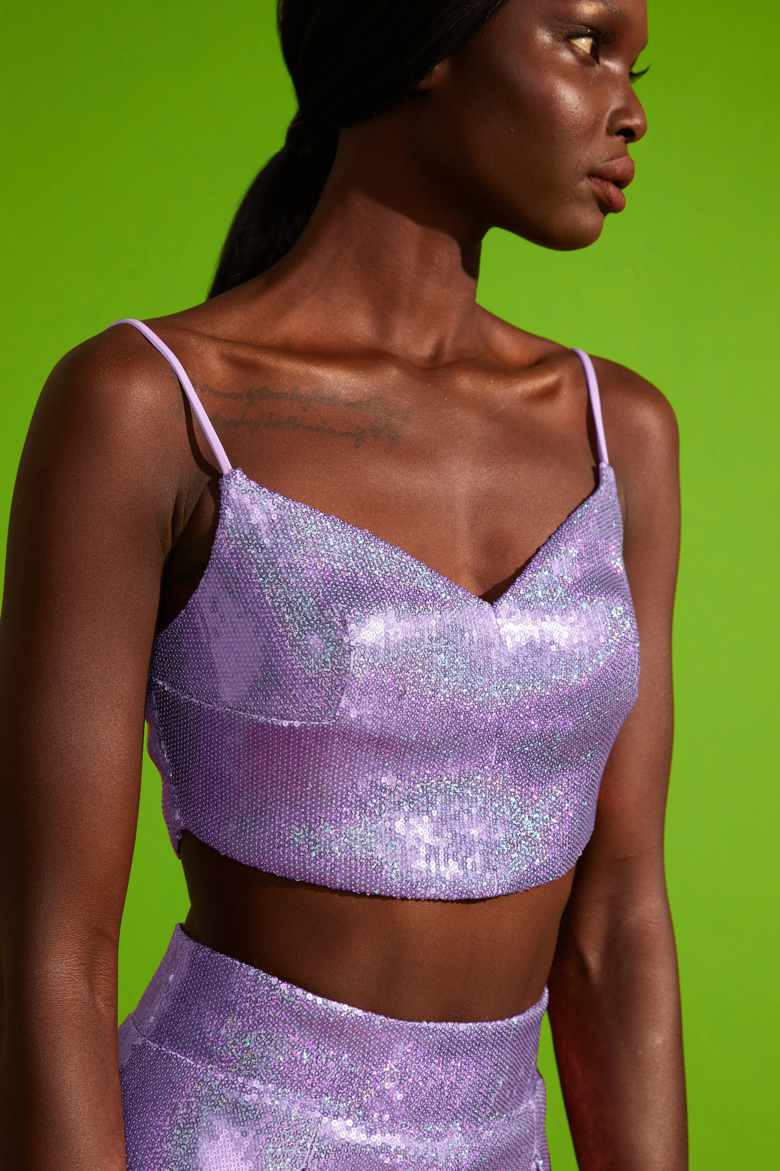 Sequined Crop Top with Fine Straps