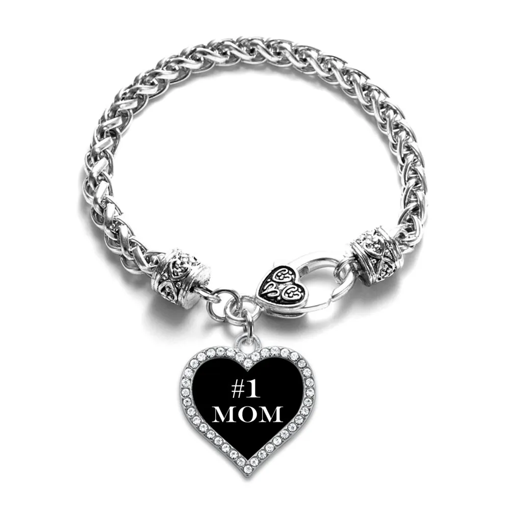 Silver #1 Mom Open Heart Charm Braided Bracelet